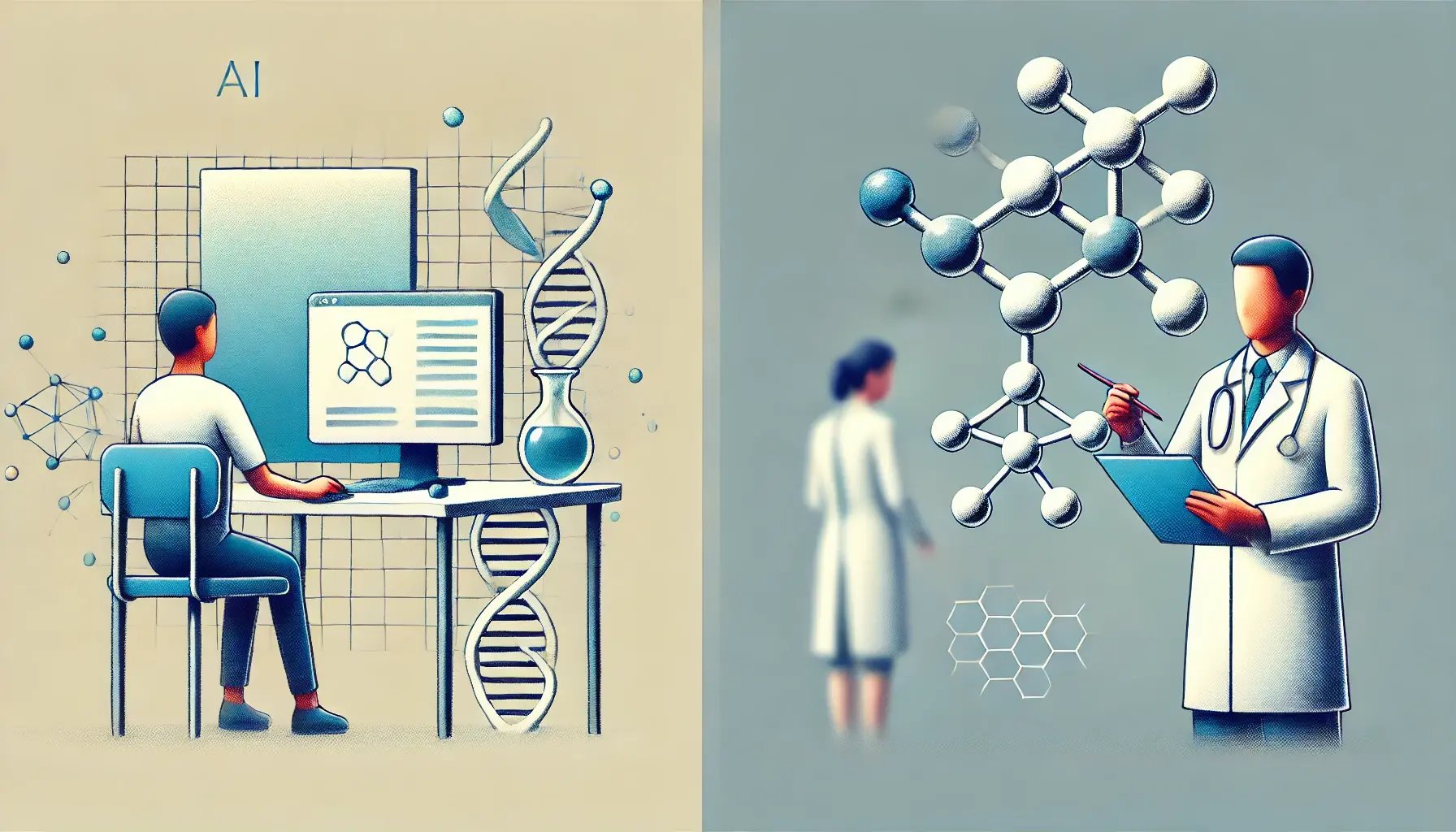 DALL·E 2025-03-04 16.18.34 - A very simple and clean image symbolizing generative AI. On the left, a digital artist works on a computer, creating basic abstract art. On the right,