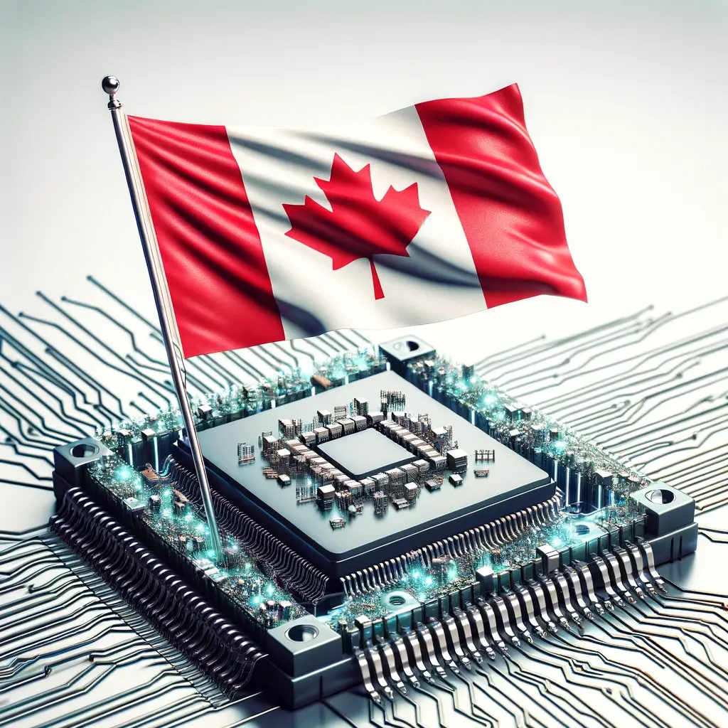 A detailed illustration of a Canadian flag next to a microchip. The flag is waving proudly, and the microchip is depicted with intricate circuits | AI Technology Software